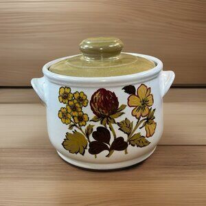 Bean Pot Crock Sadler England Stoneware Clover Earth tones W/ lid Crazing Inside